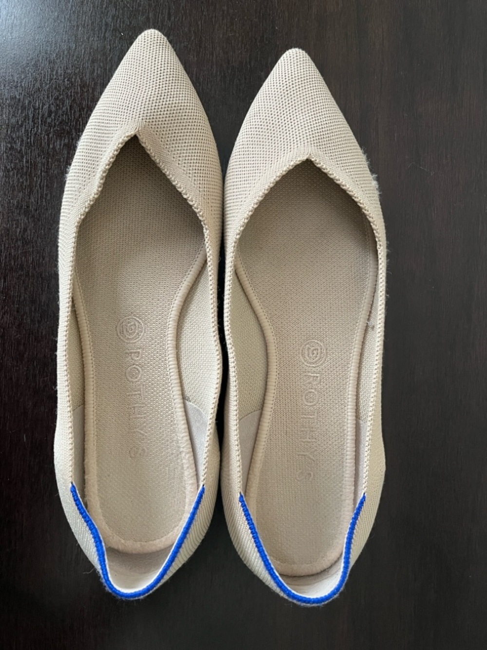 Rothy's Beige Pointed Knit Flats with Blue Heel Accent